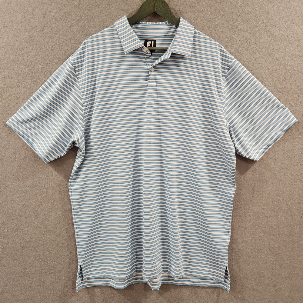 FJ FootJoy Golf Polo Shirt Mens XL Blue White Striped Short Sleeve